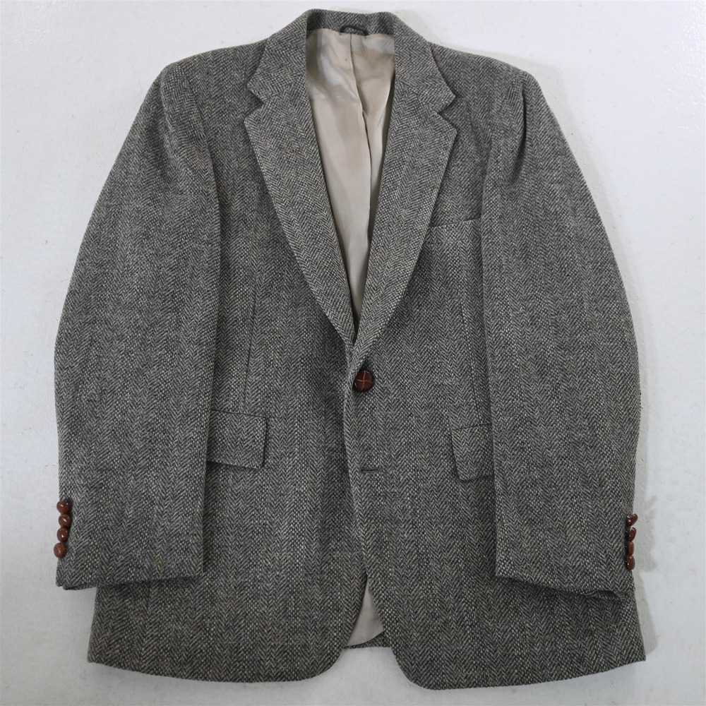 Vtg David Hunter 42R Gray‎ Herringbone Tweed Mens Blazer Suit Jacket Sport Coat